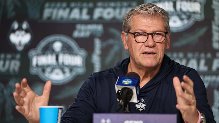 Apr 5, 2025; Tampa, FL, USA; UConn Huskies head coach Geno Auriemma talks to media before the NCAA Woman’s Final practice at Amalie Arena. Mandatory Credit: Nathan Ray Seebeck-Imagn Images Apr 5, 2025; Tampa, FL, USA; UConn Huskies head coach Geno Auriemma talks to media before the NCAA Woman’s Final practice at Amalie Arena. Mandatory Credit: Nathan Ray Seebeck-Imagn Images