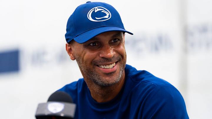 Penn State Nittany Lions defensive coordinator D'Anton Lynn talks to reporters during football media day in Holuba Hall. 