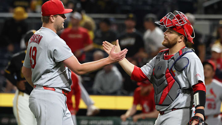 Apr 28, 2026; Pittsburgh, Pennsylvania, USA; St. Louis Cardinals pitcher Matt Svanson (49) and catcher Pedro Pages (43) shake hands after defeating the Pittsburgh Pirates at PNC Park. Mandatory Credit: Charles LeClaire-Imagn Images