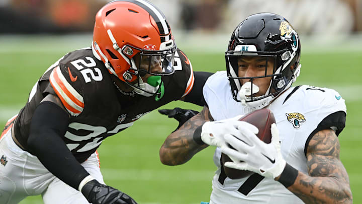 Dec 10, 2023; Cleveland, Ohio, USA; Jacksonville Jaguars tight end Evan Engram (17) catches a pass