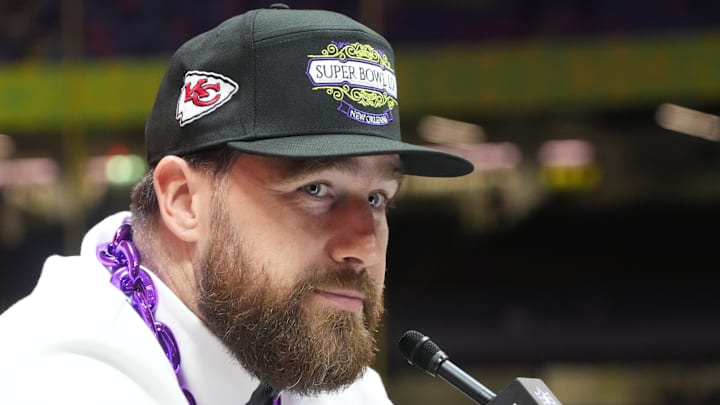 Feb 3, 2025; New Orleans, LA, USA; Kansas City Chiefs tight end Travis Kelce (87) during Super Bowl LIX Opening Night at Ceasars Superdome. Mandatory Credit: Kirby Lee-Imagn Images Feb 3, 2025; New Orleans, LA, USA; Kansas City Chiefs tight end Travis Kelce (87) during Super Bowl LIX Opening Night at Ceasars Superdome. Mandatory Credit: Kirby Lee-Imagn Images