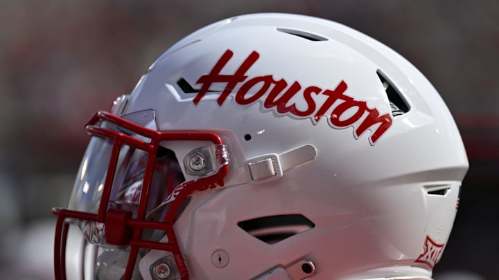 Oct 18, 2025; Houston, Texas, USA; A detail view of a Houston Cougars helmet on the sideline during the first half against the Arizona Wildcats at TDECU Stadium. 
