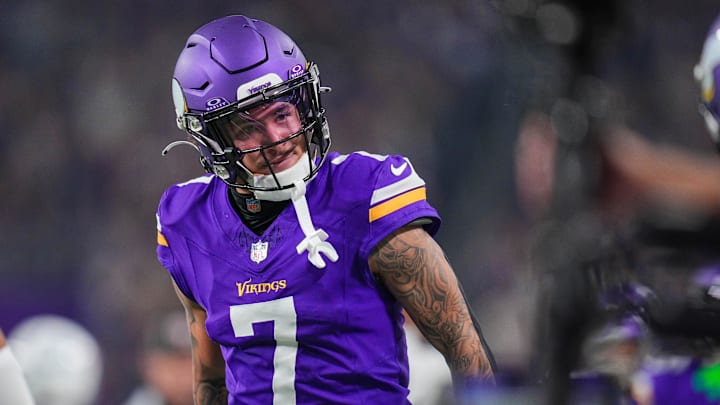 Minnesota Vikings cornerback Byron Murphy Jr. celebrates his interception against the Indianapolis Colts in the fourth quarter at U.S. Bank Stadium in Minneapolis on Nov. 3, 2024. Minnesota Vikings cornerback Byron Murphy Jr. celebrates his interception against the Indianapolis Colts in the fourth quarter at U.S. Bank Stadium in Minneapolis on Nov. 3, 2024.