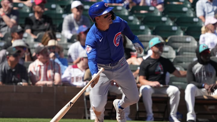 Mar 18, 2026; Salt River Pima-Maricopa, Arizona, USA; Chicago Cubs third baseman Matt Shaw (6) hits a double against the Arizona Diamondbacks in the third inning at Salt River Fields at Talking Stick. Mandatory Credit: Rick Scuteri-Imagn Images
