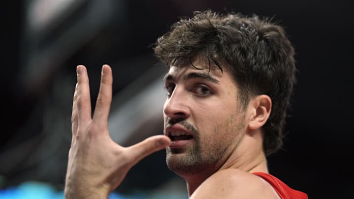 Dec 26, 2024; Portland, Oregon, USA; Portland Trail Blazers small forward Deni Avdija (8) celebrates after a basket and a foul during the second half against the Utah Jazz at Moda Center. Mandatory Credit: Soobum Im-Imagn Images
