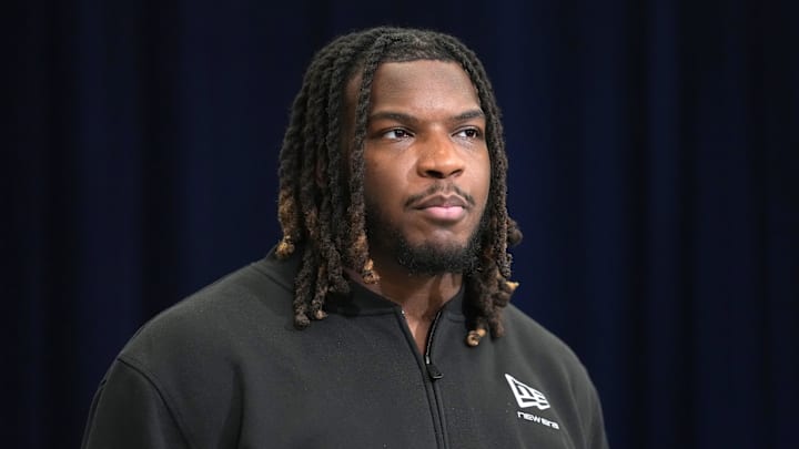 Feb 25, 2026; Indianapolis, IN, USA; South Carolina defensive lineman Nick Barrett (DL03) speaks during the NFL Scouting Combine at the Indiana Convention Center. Mandatory Credit: Kirby Lee-Imagn Images