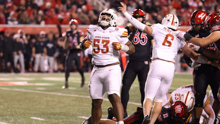 Nov 23, 2024; Salt Lake City, Utah, USA; Iowa State Cyclones defensive lineman Zaimir Hawk (53) reacts to a fumble recovery against the Utah Utes during the third quarter at Rice-Eccles Stadium.