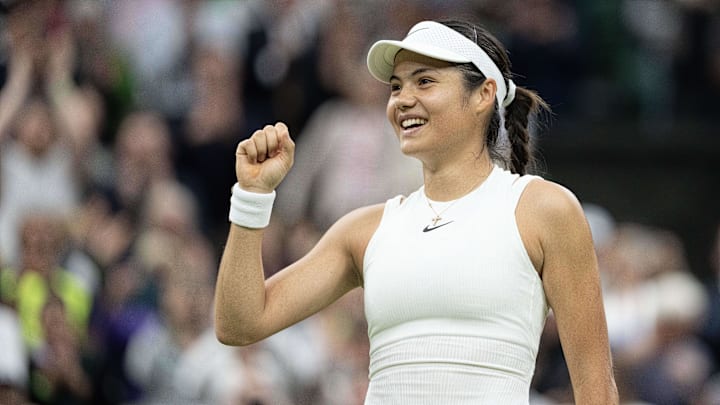Jul 5, 2024; London, United Kingdom; Emma Raducanu of Great Britain celebrates winning her match against Maria Sakkara of Greece (not shown) on day five of The Championships at All England Lawn Tennis and Croquet Club. 