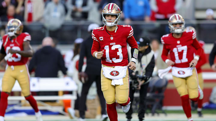 Dec 30, 2024; Santa Clara, California, USA; San Francisco 49ers quarterback Brock Purdy (13) before the game against the Detroit Lions at Levi's Stadium. Mandatory Credit: Sergio Estrada-Imagn Images