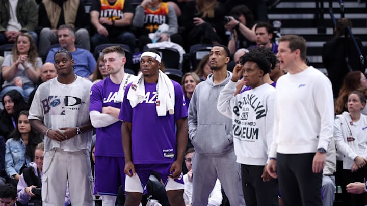 Mar 2, 2025; Salt Lake City, Utah, USA; The Utah Jazz bench watch play against the New Orleans Pelicans during the second half at Delta Center. Mandatory Credit: Rob Gray-Imagn Images