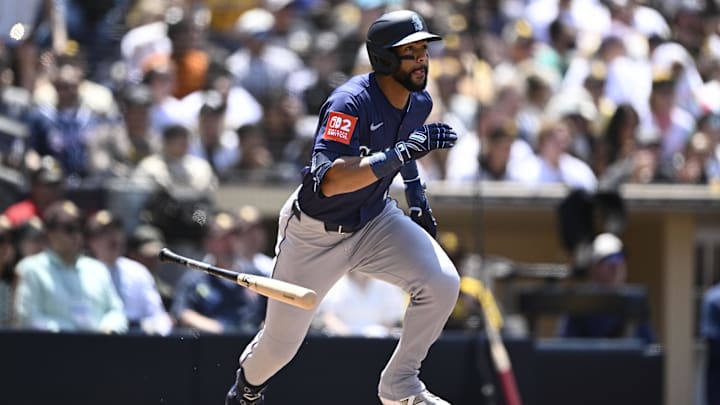 Seattle Mariners outfielder Leody Taveras hits a double during a game against the San Diego Padres on May 18 at Petco Park. Seattle Mariners outfielder Leody Taveras hits a double during a game against the San Diego Padres on May 18 at Petco Park.