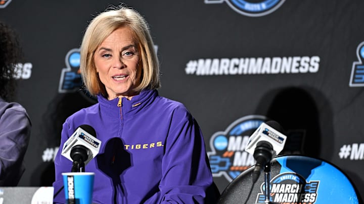 Mar 27, 2025; Spokane, WA, USA; LSU Lady Tigers head coach Kim Mulkey talks with media during an NCAA Tournament practice session at Spokane Arena. Mandatory Credit: James Snook-Imagn Images