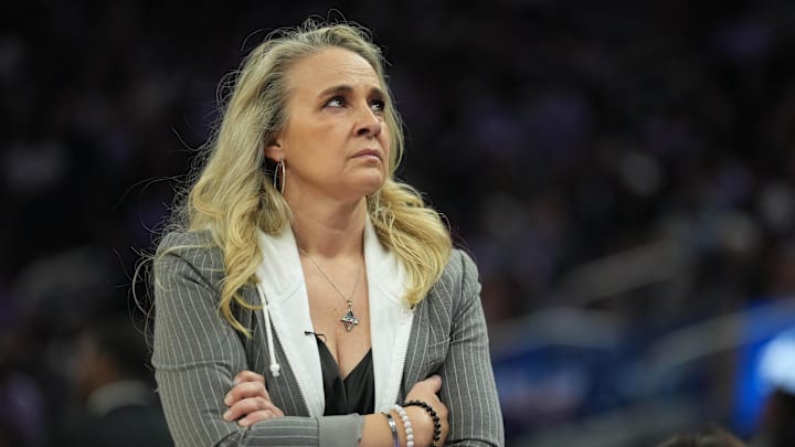 Jun 7, 2025; San Francisco, California, USA; Las Vegas Aces head coach Becky Hammon during the second quarter against the Golden State Valkyries at Chase Center. Mandatory Credit: Darren Yamashita-Imagn Images