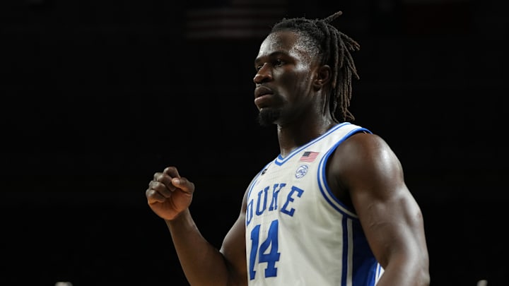 Apr 5, 2025; San Antonio, TX, USA; Duke Blue Devils guard Sion James (14) reacts after a play against the Houston Cougars during the second half in the semifinals of the men's Final Four of the 2025 NCAA Tournament at the Alamodome. Apr 5, 2025; San Antonio, TX, USA; Duke Blue Devils guard Sion James (14) reacts after a play against the Houston Cougars during the second half in the semifinals of the men's Final Four of the 2025 NCAA Tournament at the Alamodome.