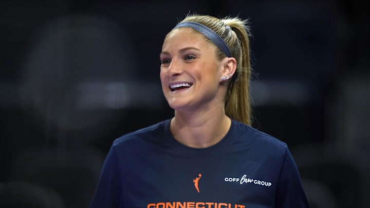 Jun 22, 2025; San Francisco, California, USA; Connecticut Sun guard Jacy Sheldon (4) before the game against the Golden State Valkyries at Chase Center. Mandatory Credit: Darren Yamashita-Imagn Images