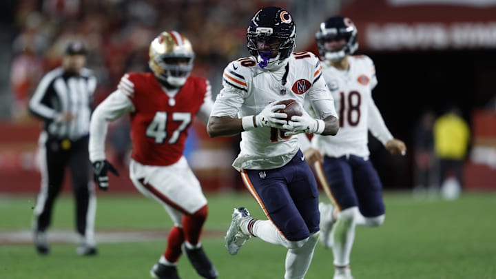 Dec 28, 2025; Santa Clara, California, USA; Chicago Bears wide receiver Luther Burden III (10) runs against the San Francisco 49ers in the second half at Levi's Stadium. Mandatory Credit: Sergio Estrada-Imagn Images