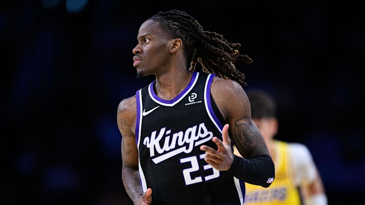 Oct 17, 2025; Los Angeles, California, USA; Sacramento Kings guard Keon Ellis (23) gestures after scoring during the second half against the Los Angeles Lakers at Crypto.com Arena. Mandatory Credit: William Liang-Imagn Images