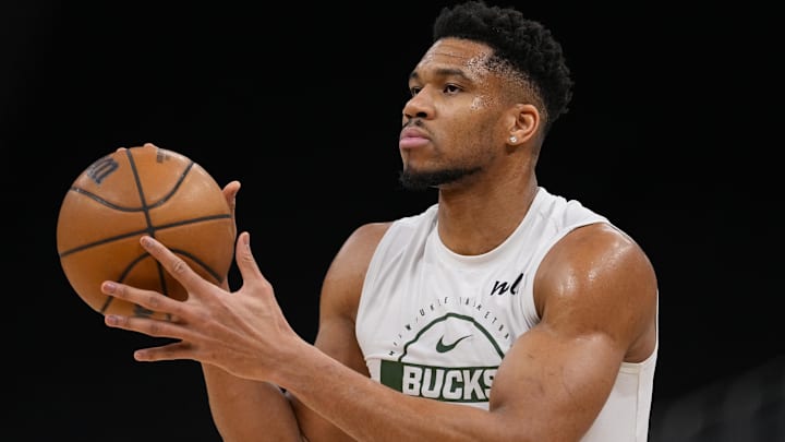 Feb 4, 2026; Milwaukee, Wisconsin, USA;  Milwaukee Bucks forward Giannis Antetokounmpo (34) during warmups prior to the game against the New Orleans Pelicans at Fiserv Forum.