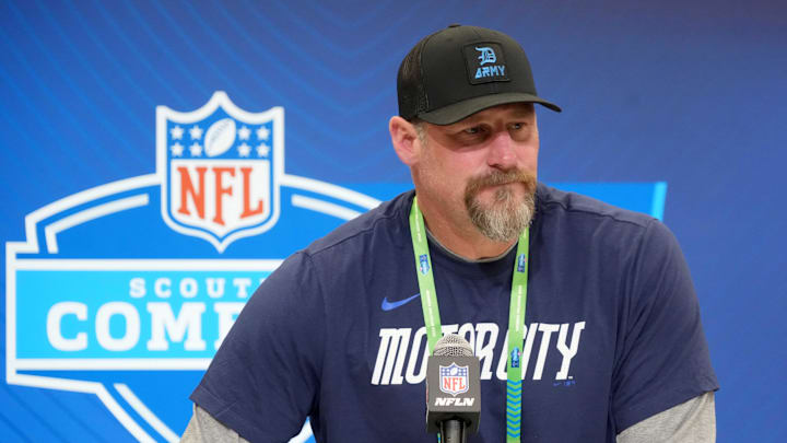 Feb 25, 2025; Indianapolis, IN, USA; Detroit Lions coach Dan Campbell speaks during the NFL Scouting Combine at the Indiana Convention Center. Mandatory Credit: Kirby Lee-Imagn Images