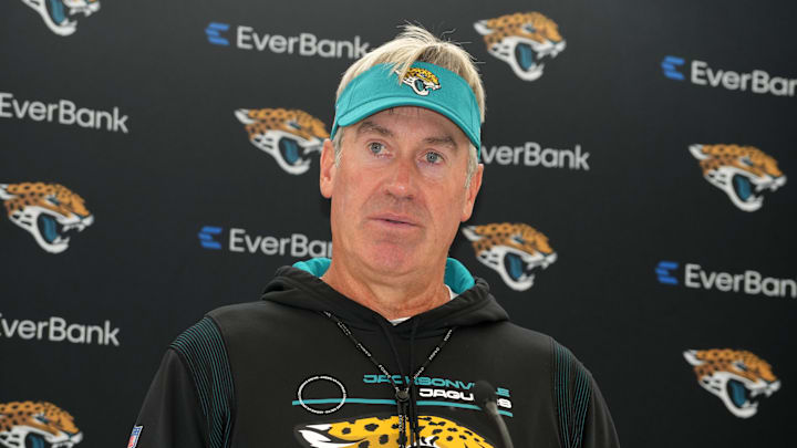 Oct 4, 2023; Ware, United Kingdom; Jacksonville Jaguars coach Doug Pederson at a press conference at Hanbury Manor Marriott Hotel. Mandatory Credit: Kirby Lee-Imagn Images