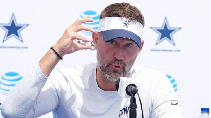 Dallas Cowboys coach Brian Schottenheimer at training camp press conference at the River Ridge Fields. 