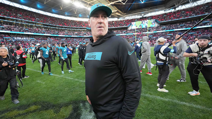 Oct 20, 2024; London, United Kingdom; Jacksonville Jaguars coach Doug Pederson reacts after an NFL International Series game against the New England Patriots at Wembley Stadium. Mandatory Credit: Kirby Lee-Imagn Images