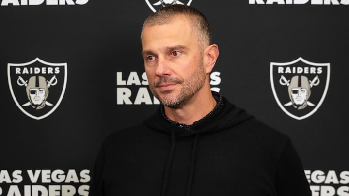 Feb 25, 2025; Indianapolis, IN, USA; Las Vegas Raiders general manager John Spytek on radio row during the NFL Scouting Combine at the Indiana Convention Center. Mandatory Credit: Kirby Lee-Imagn Images