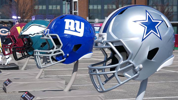 NFC East helmets of the Dallas Cowboys, New York Giants, Philadelphia Eagles and Washington Commanders at the 2025 NFL Scouting Combine Experience NFC East helmets of the Dallas Cowboys, New York Giants, Philadelphia Eagles and Washington Commanders at the 2025 NFL Scouting Combine Experience