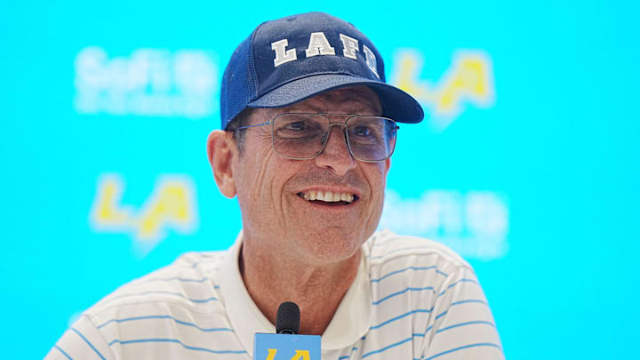 Jan 15, 2025; El Segundo, CA, USA; Los Angeles Chargers coach Jim Harbaugh at a press conference at The Bolt.