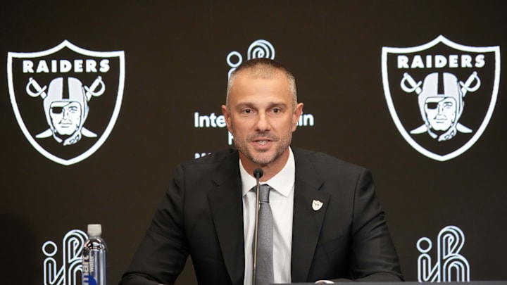 Jan 27, 2025; Las Vegas, NV, USA; Las Vegas Raiders general manager John Spytek at press conference at Intermountain Health Performance Center. Mandatory Credit: Kirby Lee-Imagn Images