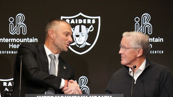 Jan 27, 2025; Las Vegas, NV, USA; Las Vegas Raiders general manager John Spytek (left) and coach Pete Carroll at press conference at Intermountain Health Performance Center. Mandatory Credit: Kirby Lee-Imagn Images