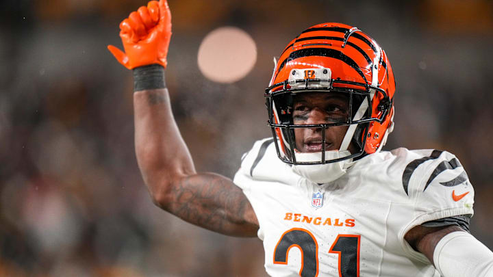 Cincinnati Bengals cornerback Mike Hilton celebrates a stop against the Pittsburgh Steelers, Cincinnati Bengals cornerback Mike Hilton celebrates a stop against the Pittsburgh Steelers,
