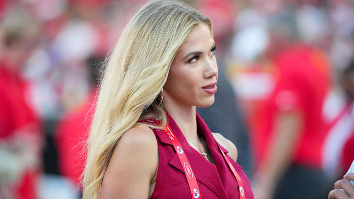 Aug 22, 2025; Kansas City, Missouri, USA; Kansas City Chiefs CEO’s daughter Gracie Hunt on field prior to a game at GEHA Field at Arrowhead Stadium.