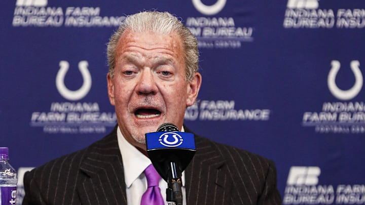 Owner of the Indianapolis Colts, Jim Irsay, holds a press conference at the Indiana Farm Bureau Football Center, Indianapolis, Sunday, Feb. 23, 2020.