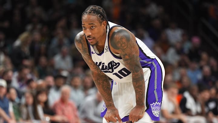 Jan 2, 2026; Phoenix, Arizona, USA; Sacramento Kings guard Demar Derozan (10) looks on against the Phoenix Suns during the second half at Mortgage Matchup Center. Mandatory Credit: Joe Camporeale-Imagn Images