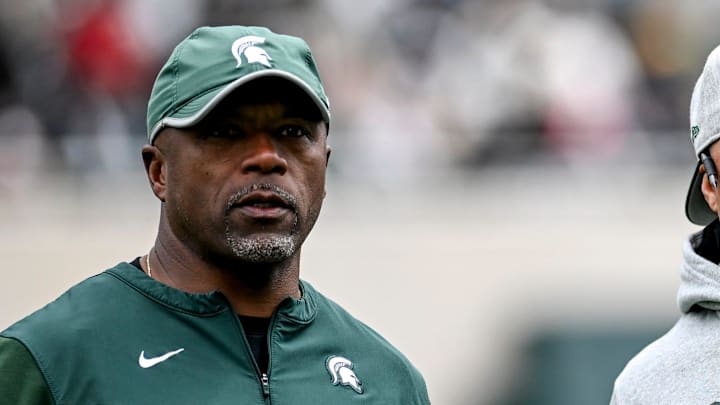 Michigan State's wide receivers coach Courtney Hawkins, left, and cornerbacks coach Demetrice Martin look on during the Spring Showcase on Saturday, April 20, 2024, at Spartan Stadium in East Lansing.