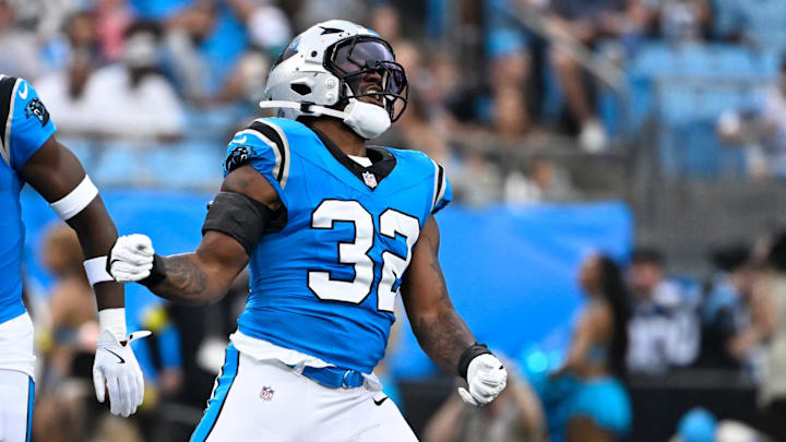 Aug 8, 2025; Charlotte, North Carolina, USA; Carolina Panthers linebacker Trevin Wallace (32) reacts in the first quarter at Bank of America Stadium. 