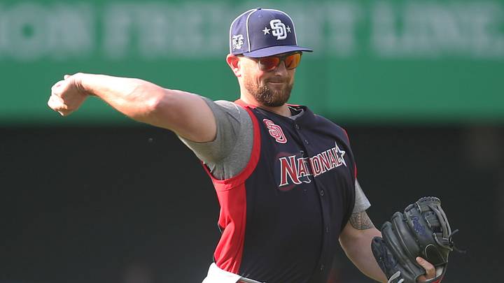 National League pitcher Kirby Yates (39) of the San Diego Padres throws in the outfield before the 2019 MLB All Star Game at Progressive Field on July 9, 2019. National League pitcher Kirby Yates (39) of the San Diego Padres throws in the outfield before the 2019 MLB All Star Game at Progressive Field on July 9, 2019.