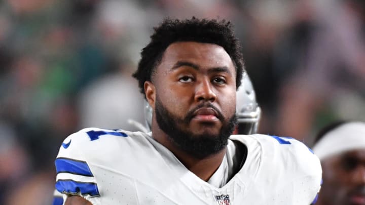 Nov 5, 2023; Philadelphia, Pennsylvania, USA; Dallas Cowboys guard Chuma Edoga (71)against the Philadelphia Eagles at Lincoln Financial Field. Mandatory Credit: Eric Hartline-Imagn Images