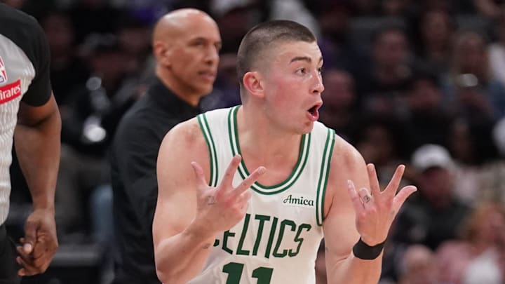 Mar 24, 2025; Sacramento, California, USA; Boston Celtics guard Payton Pritchard (11) reacts after making a three point basket against the Sacramento Kings in the fourth quarter at the Golden 1 Center. Mar 24, 2025; Sacramento, California, USA; Boston Celtics guard Payton Pritchard (11) reacts after making a three point basket against the Sacramento Kings in the fourth quarter at the Golden 1 Center.