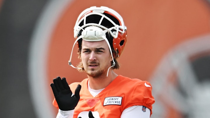 Jun 12, 2025; Berea, OH, USA; Cleveland Browns quarterback Kenny Pickett (8) looks on during mini camp at CrossCountry Mortgage Campus. 