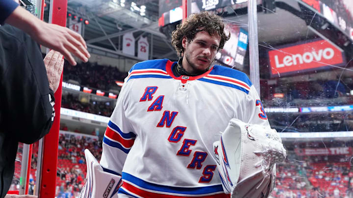 Nov 27, 2024; Raleigh, North Carolina, USA;  New York Rangers goaltender Igor Shesterkin (31) comes off the ice after the warmups before the game against the Carolina Hurricanes at Lenovo Center. Mandatory Credit: James Guillory-Imagn Images
