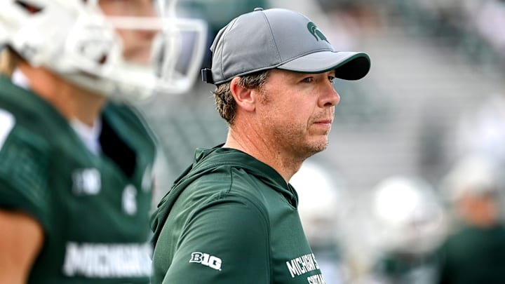 Michigan State's quarterbacks coach Jon Boyer looks on before the football game against Western Michigan on Friday, Aug. 29, 2025, in East Lansing.