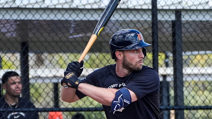 Detroit Tigers outfielder Austin Slater bats at live batting practice during spring training at TigerTown in Lakeland, Fla. on Thursday, Feb. 19, 2026. Detroit Tigers outfielder Austin Slater bats at live batting practice during spring training at TigerTown in Lakeland, Fla. on Thursday, Feb. 19, 2026.