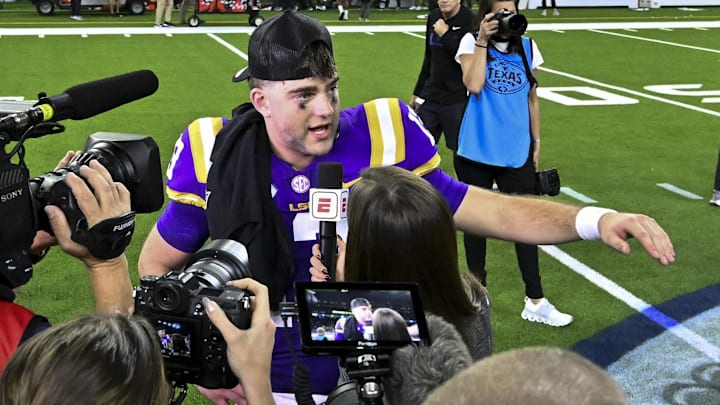 Dec 31, 2024; Houston, TX, USA; LSU Tigers quarterback Garrett Nussmeier (13) speaks during a post game interview at NRG Stadium. The Tigers defeat the Bears 44-31. Mandatory Credit: Maria Lysaker-Imagn Images 