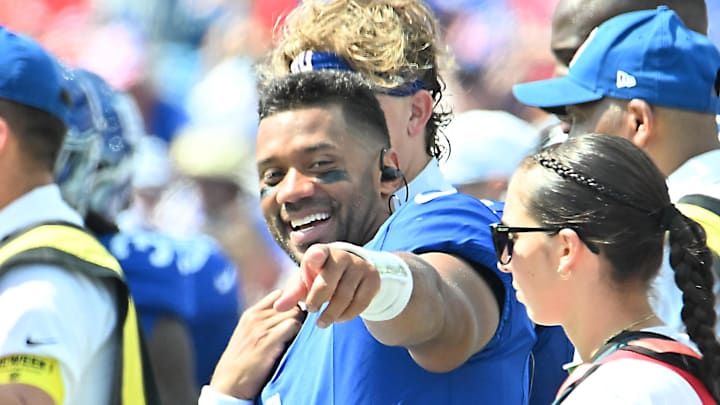 Aug 9, 2025; Orchard Park, New York, USA; New York Giants quarterback Russell Wilson (3) on the sidelines in the third quarter game against the Buffalo Bills at Highmark Stadium.  