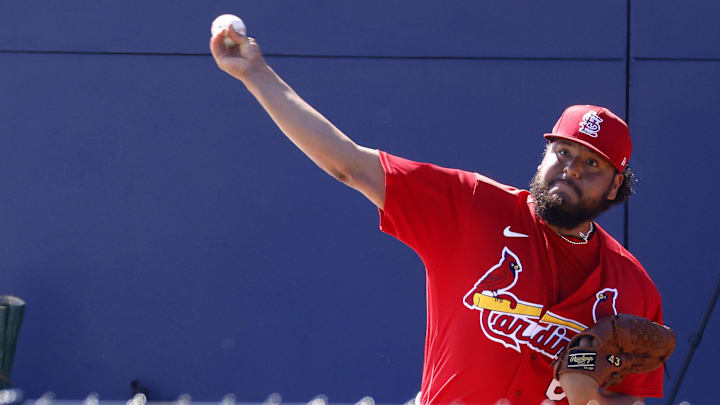 Feb 25, 2021; St. Louis Cardinals pitcher Jesus Cruz (60) throws during spring training workouts at Roger Dean Stadium in Jupiter, Florida, USA;  Mandatory Credit: Rhona Wise-Imagn Images