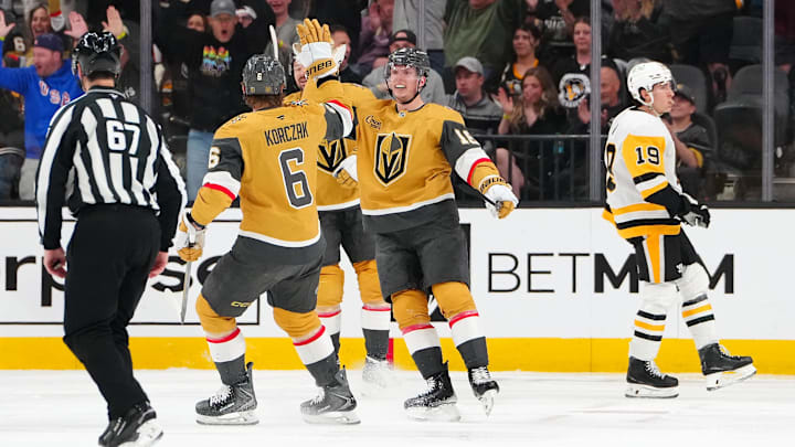 Pavel Dorofeyev celebrates one of his two goals with Kaedan Korczak
