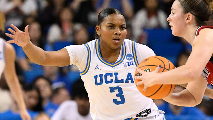 Mar 23, 2025; Los Angeles, California, USA; UCLA Bruins guard Londynn Jones (3) and Richmond Spiders guard Ally Sweeney (14) during an NCAA Tournament second round game at Pauley Pavilion presented by Wescom. Mandatory Credit: Robert Hanashiro-Imagn Images Mar 23, 2025; Los Angeles, California, USA; UCLA Bruins guard Londynn Jones (3) and Richmond Spiders guard Ally Sweeney (14) during an NCAA Tournament second round game at Pauley Pavilion presented by Wescom. Mandatory Credit: Robert Hanashiro-Imagn Images