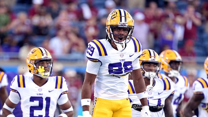 Sep 3, 2023; Orlando, Florida, USA; LSU Tigers cornerback Jeremiah Hughes (29) is pumped up before